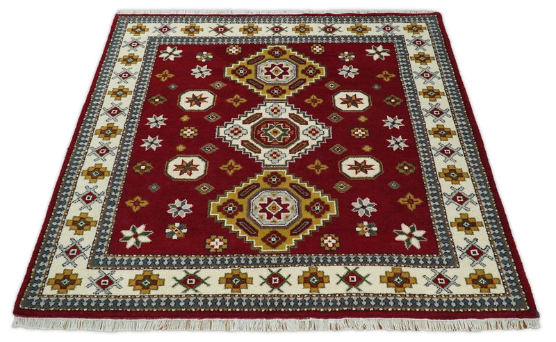 7x7 Sqaure Hand Knotted traditional Kazak Rust and Ivory Traditional Armenian Rug | KZA20