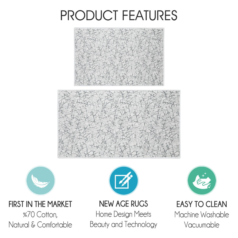 Geometric Design Non Skid Washable Kitchen Runner Rugs Set of 2| 44 x 24 and 31.5 x 20 Inches Floor Mats |White