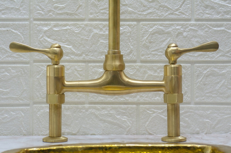 8" Brass Bridge Kitchen Faucet, Unlacquered Brass Straight Legs Faucet with Classic Lever Handles