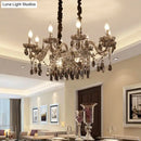 GobekUsa 8-Light Island Pendant - Traditional Candelabra Style - Smoke Gray Crystal Suspension Lighting with Glass Lamp Saucer