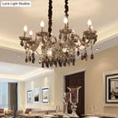 GobekUsa 8-Light Island Pendant - Traditional Candelabra Style - Smoke Gray Crystal Suspension Lighting with Glass Lamp Saucer