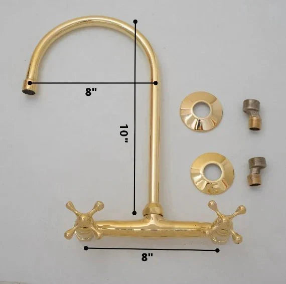 8" Unlacquered Brass Kitchen Wall Mount Faucet, Gooseneck Faucet