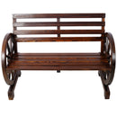 Rustic Country 2 Person Wooden Wagon Wheel Bench With Slatted Seat And Backrest - Brown by HouseOfZazla