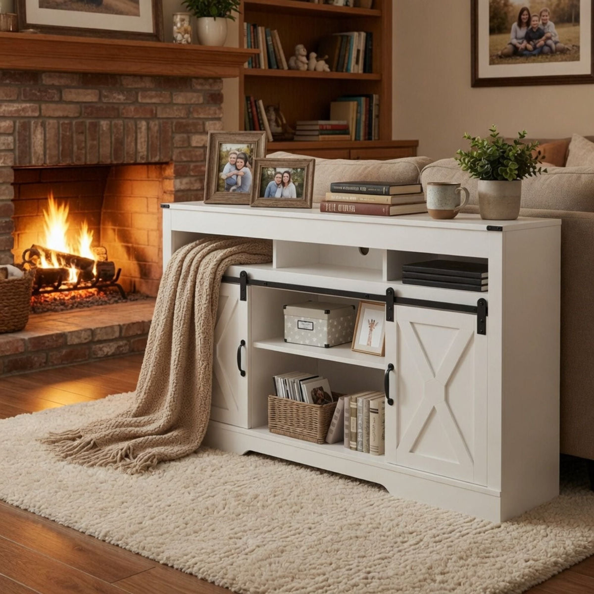 Farmhouse TV Stand With Sliding Barn Doors & Adjustable Storage, photo 34 of 40
