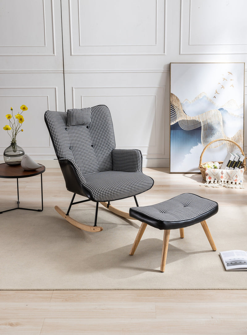 35.5 inch Rocking Chair with Footrest, Soft Houndstooth Fabric Leather Fabric Rocking Chair for Nursery, Comfy Wingback Glider Rocker with Safe Solid Wood Base for Living Room Bedroom Balcony (black)