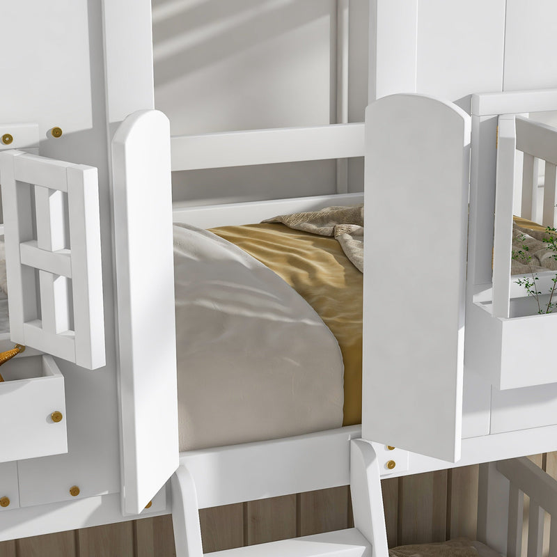 Twin over Twin House Bunk Bed with Roof, Window, Window Box, Door, with Safety Guardrails and Ladder, White