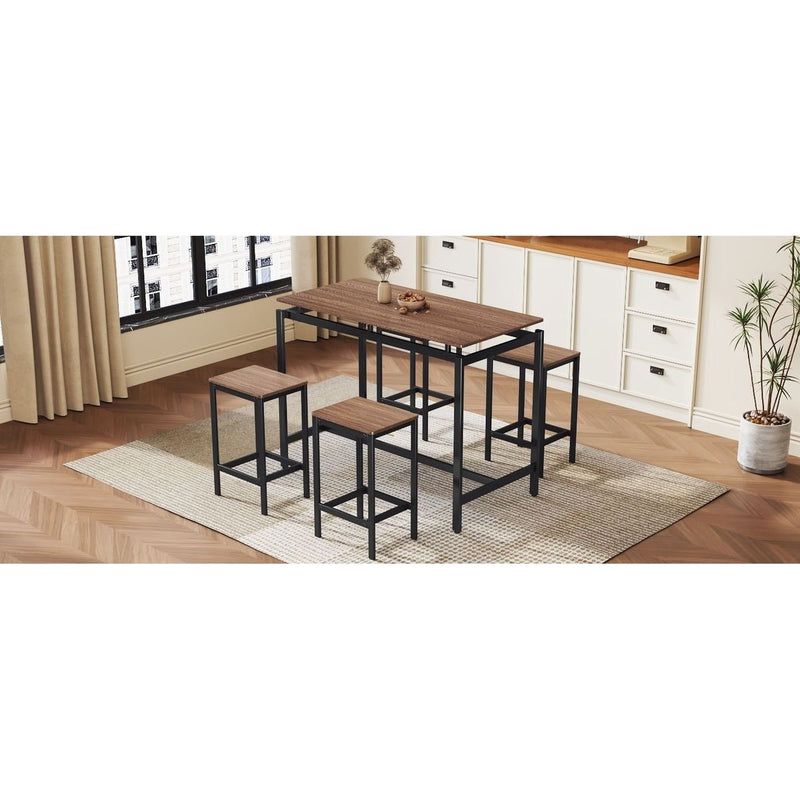 5-Piece Compact Bar Table Set with Table and Stools - Modern Industrial Design, Space-Saving Furniture for Dining Room and Breakfast Nook (Dark Brown)