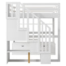 Full Size Loft Bed With Desk And Shelves, 2 Built In Drawers, Storage Staircase - White by HouseOfZazla