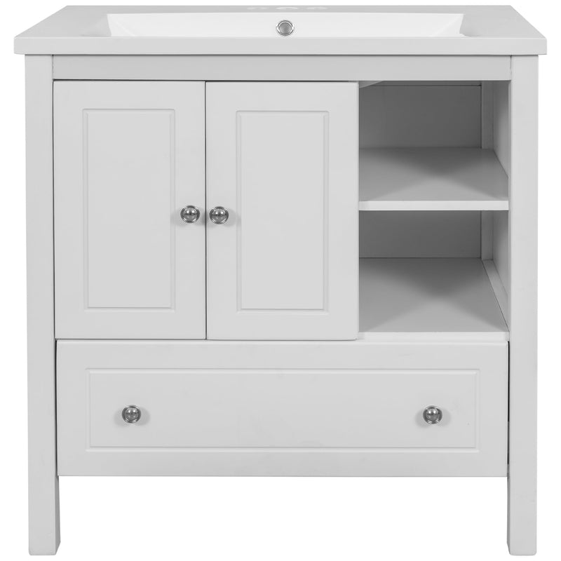 30" Bathroom Vanity with Sink, Bathroom Storage Cabinet with Doors and Drawers, Solid Wood Frame, Ceramic Sink, White