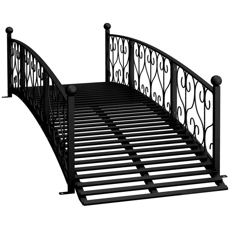 7' Metal Arch Garden Bridge with Safety Siderails, Decorative Arc Footbridge with Delicate Scrollwork "S" Motifs for Backyard Creek, Stream, Fish Pond, Black