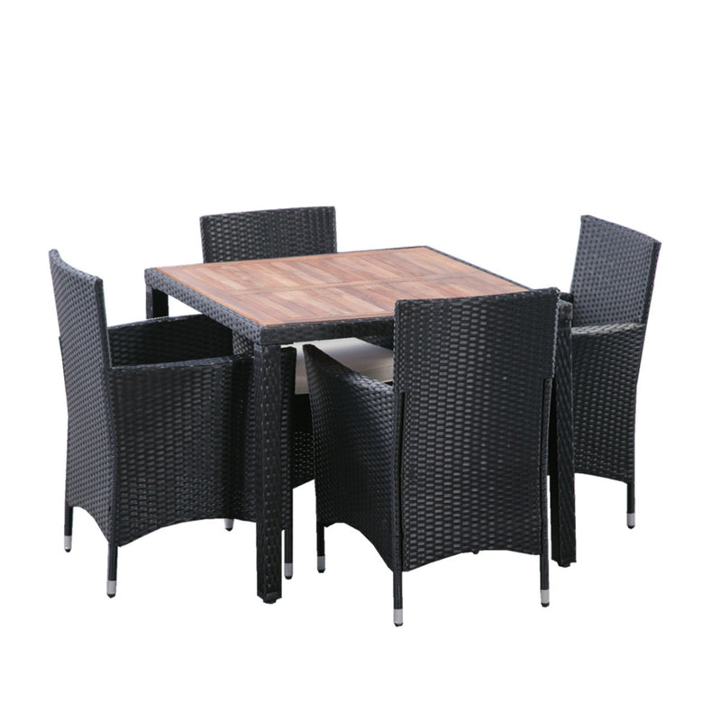 Walker Edison | 5 piece Outdoor Patio Wicker Dining Set Patio Wicker Furniture Dining Set w/Acacia Wood Top Black Wicker + Creme Cushion