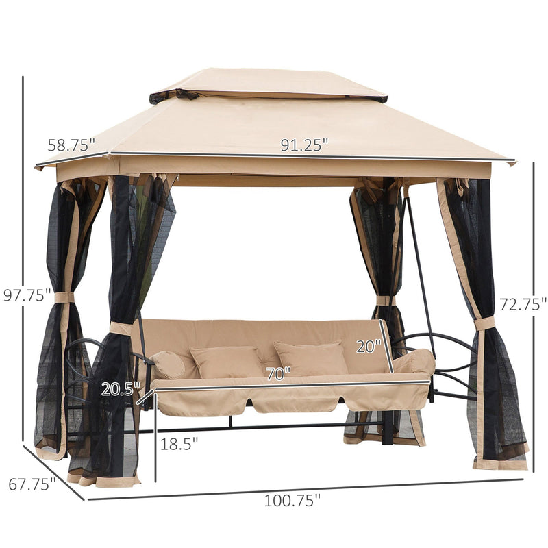 3-Seat Patio Swing Chair, Outdoor Gazebo Swing with Double Tier Canopy, Mesh Sidewalls, Cushioned Seat and Pillows, Beige