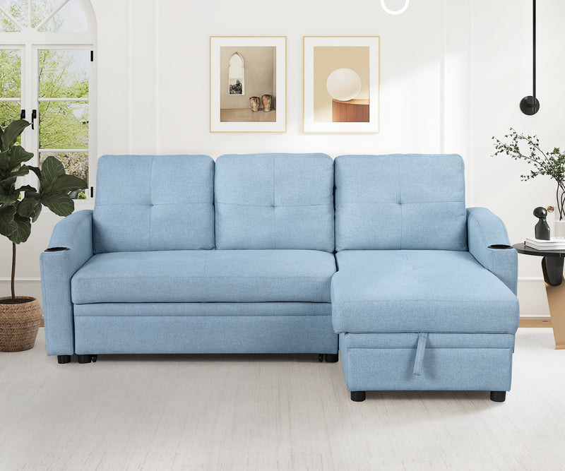 80.3" Pull Out Sofa Bed Modern Padded Upholstered Sofa Bed, Linen Fabric 3 Seater Couch with Storage Chaise and Cup Holder, Small Couch for Small Spaces