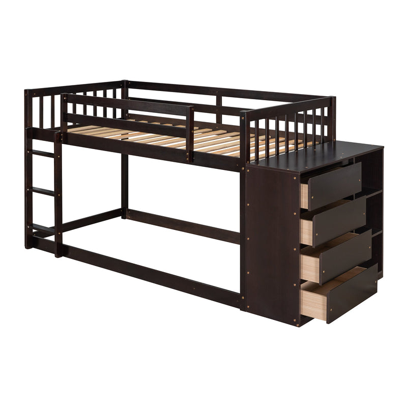 Twin over Twin Bunk Bed with 4 Drawers and 3 Shelves-Espresso