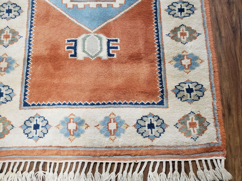 3x5 Handmade Vintage Turkish Area Rug Wool Kazak Carpet 3'1"x4'5" Red Beige