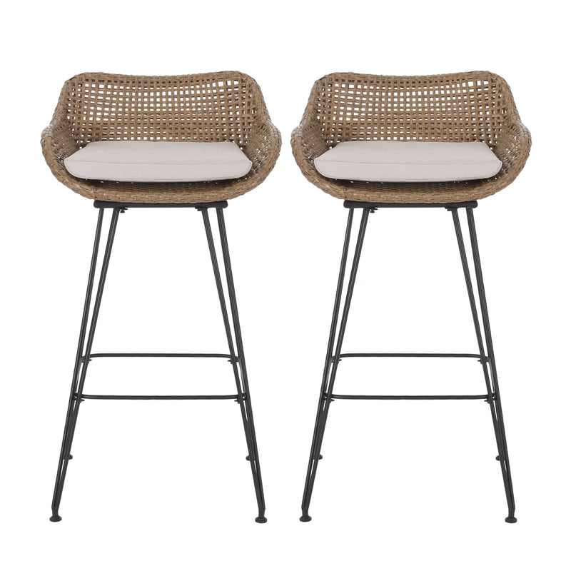 Walker Edison | Outdoor 29.25'' Wicker and Iron Barstool with Cushion (Set of 2)