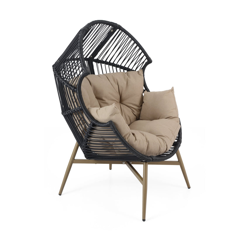 Cori Outdoor Patio Black Faux Wicker Egg Chair with Khaki Cushion, Weather-Resistant, Handwoven PE Rattan and Iron Frame
