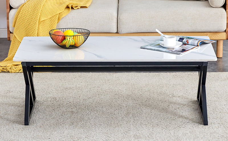 A modern minimalist style white marble patterned coffee table with black metal legs. Computer desk. Game table. Tea table. CT-XX