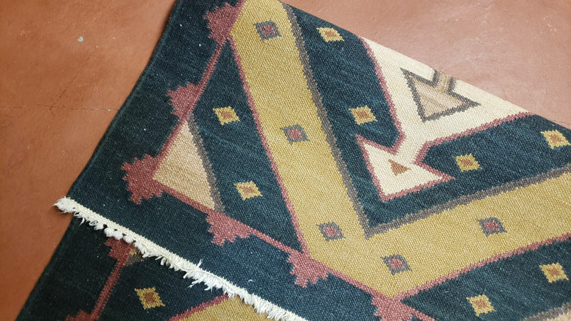 Vintage Indian Kilim Runner Rug, Geometric Flatweave Hand-Knotted Wool Kitchen Hallway Runner, Black Gold & Beige, 2' 8" x 9' 9"