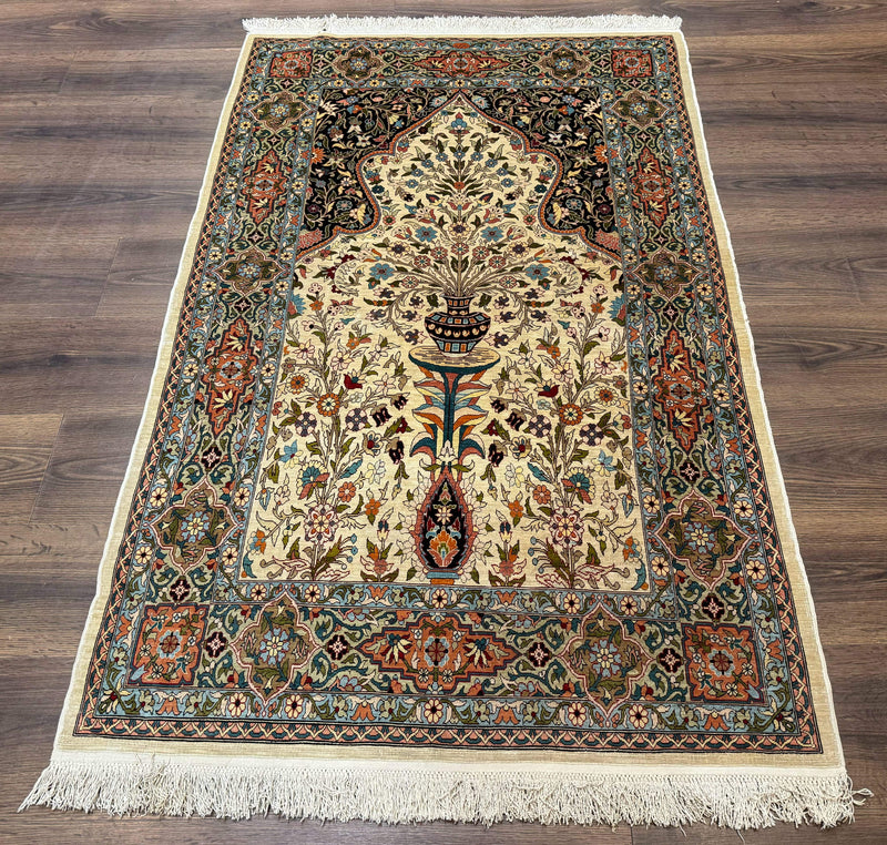 Rare Turkish Hereke Silk Rug 3x5, Tree of Life Persian Vase Design, Very Fine 440 KPSI, Signed