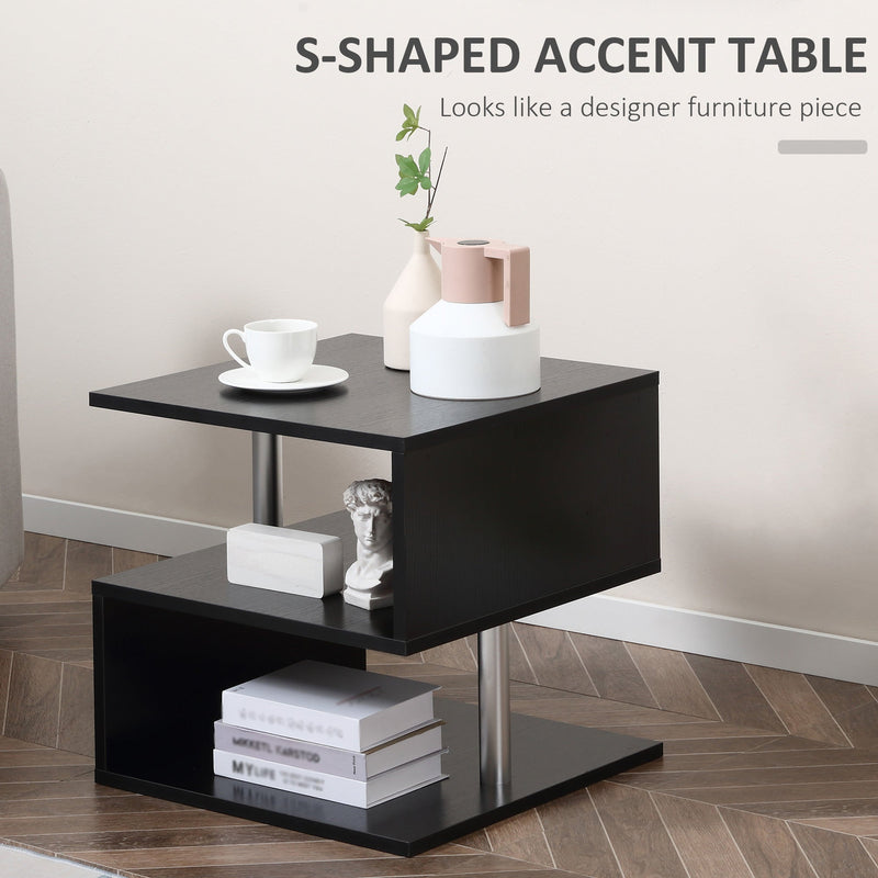 20" Modern End Table, Accent Side Table, S-Shaped Coffee Table with Storage Shelf and Steel Poles, Black