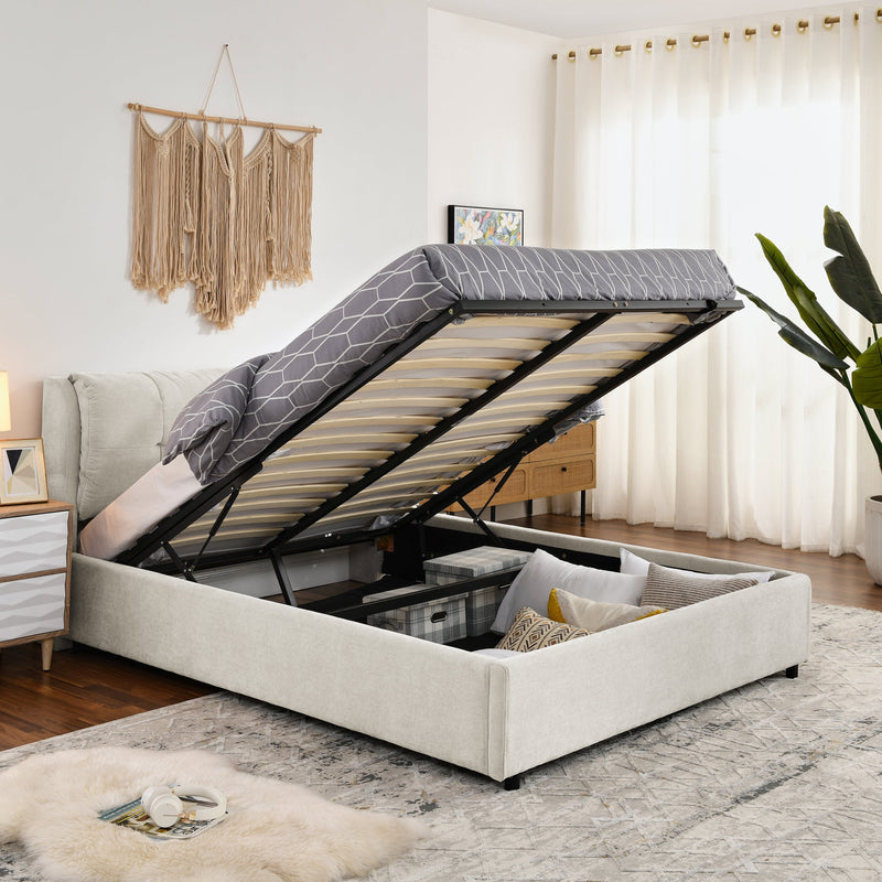 Queen Size Storage Upholstered Hydraulic Platform Bed with Integrated Headboard, Chenille Fabric, Beige