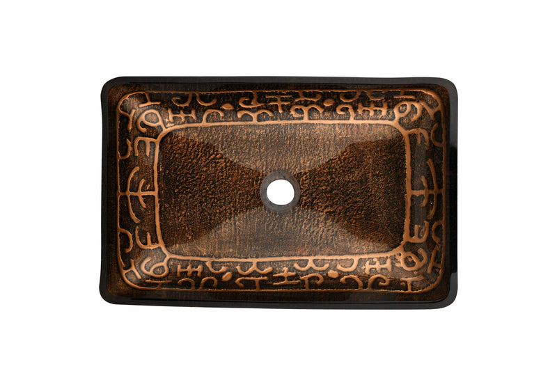 22.25" L -14.5" W -4.5" H Golden Handmade Glass Rectangle Vessel Bathroom Sink in Brown and Gold Fusion Finish with Faucet and Pop-Up Drain in Matte Black