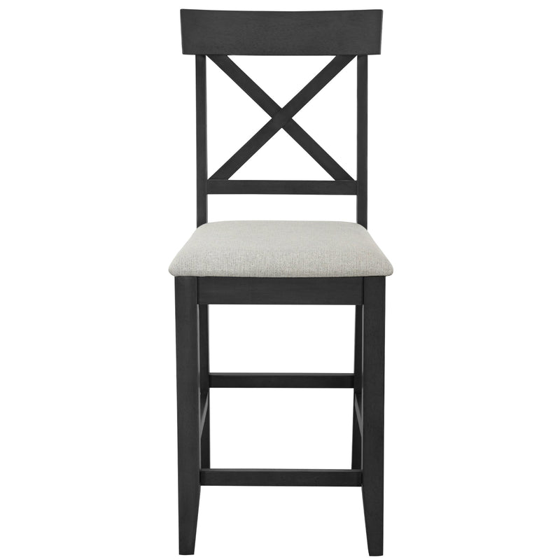 60"Lx30"W Solid Wood Farmhouse Counter Height Dining Table Set with 3-Tier Storage Shelves, Upholstered Dining Chairs for 4, 5-Piece, Gray