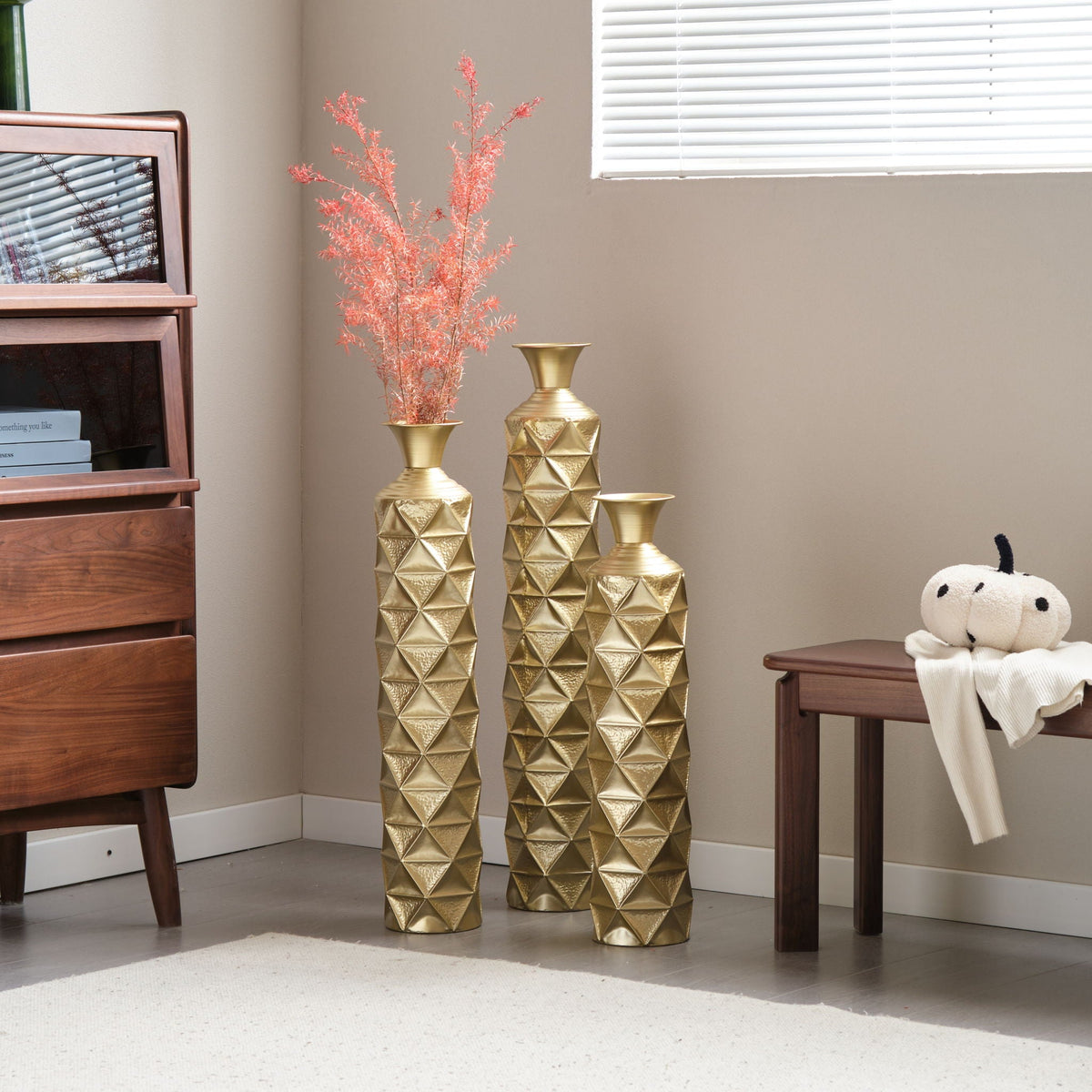Metal Decorative Vase High Distress Metal Center Vase With 3D Triangle Pattern, (Set of 3) Vases For Home Decoration - Gold, photo 10 of 18
