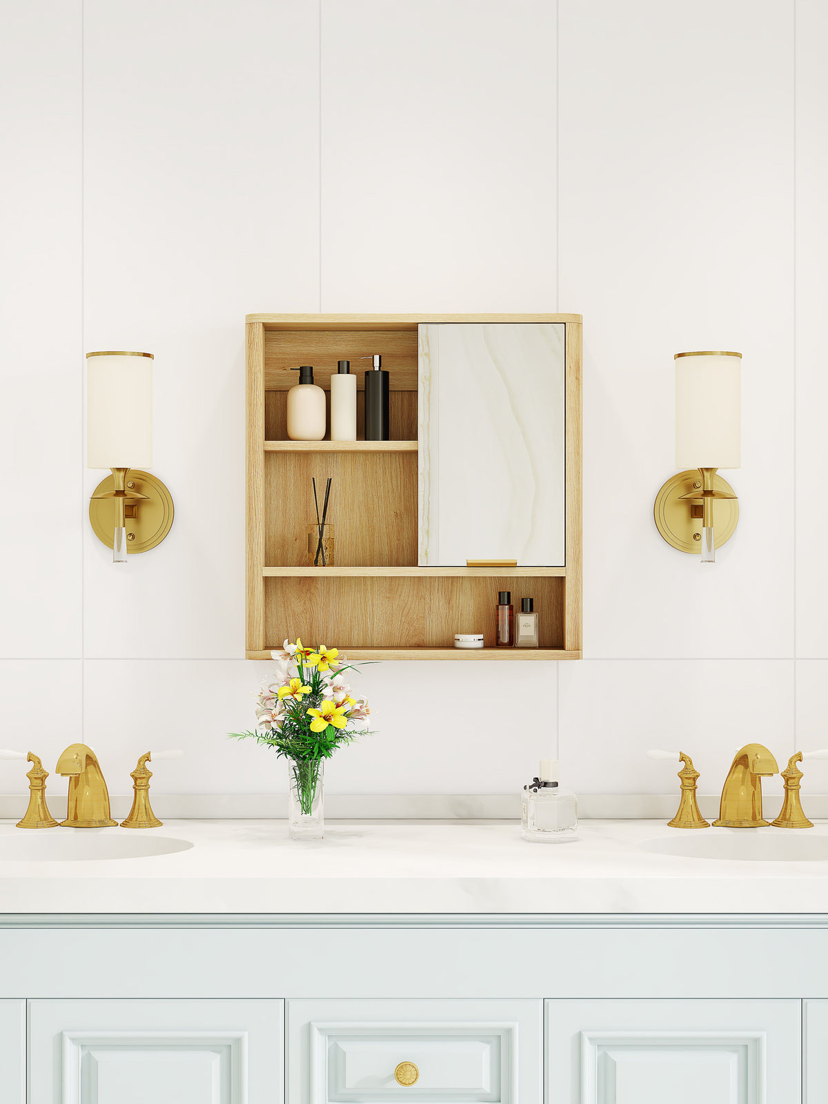 Natural Wood Finish Wall Mounted Mirror Cabinet, photo 5 of 10