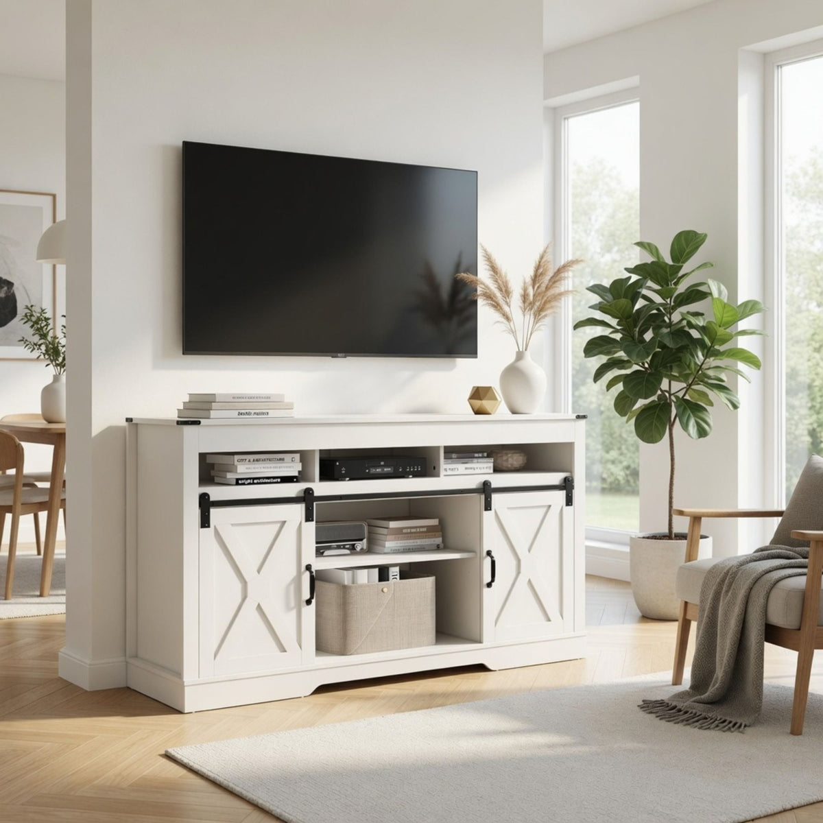 Farmhouse TV Stand With Sliding Barn Doors & Adjustable Storage, photo 35 of 40