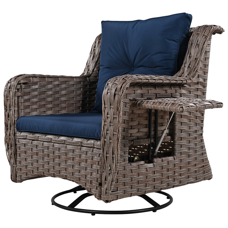5 Pieces Outdoor Patio Furniture Set with Pet House Cool Bar and Retractable Side Tray, Rattan Wicker Patio Swivel Rocking Chairs Set of 2 with Ottomans for Backyard, Porch, Balcony, Navy Blue