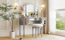 43" Dressing Table Set with Mirrored Drawers and Stool, Tri-fold Mirror, Makeup Vanity Set for Bedroom, Silver