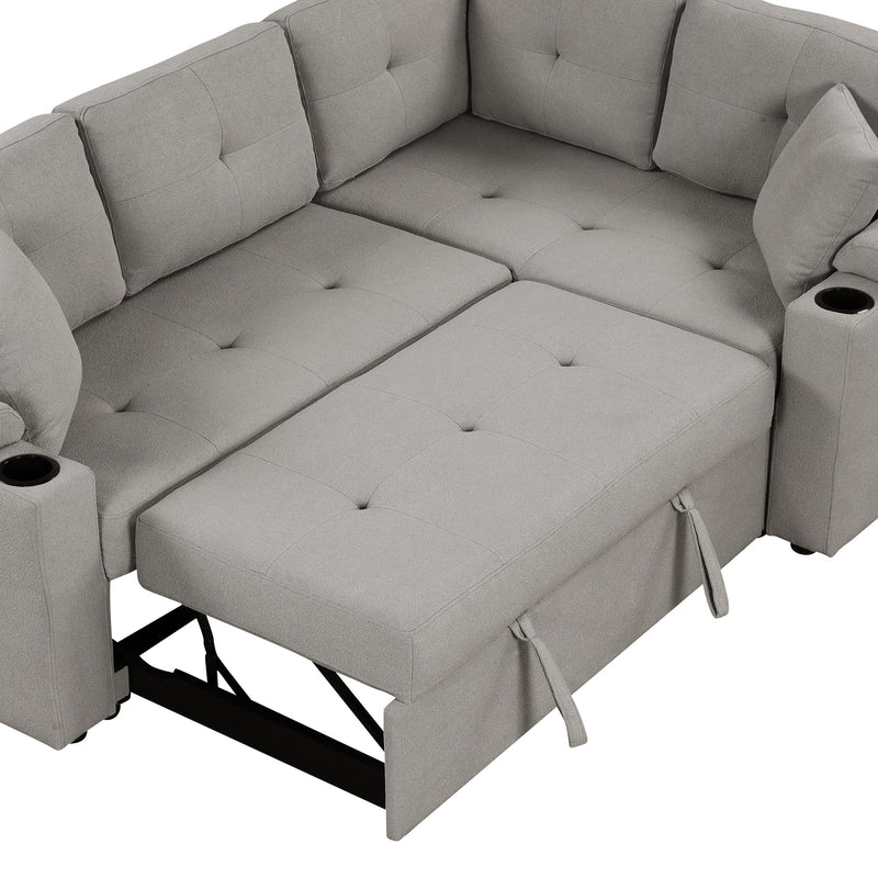 87.4" L-shape Sofa Bed Pull-out Sleeper Sofa with Wheels, USB Ports, Power Sockets for Living Room, Grey