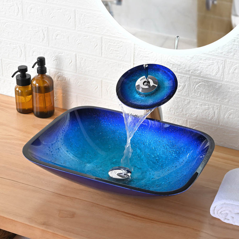 Aquaterior Rectangular Glass Sink Basin & Waterfall Faucet Kit