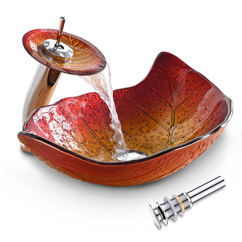 Aquaterior Glass Leaf Sink Basin & Waterfall Faucet Kit