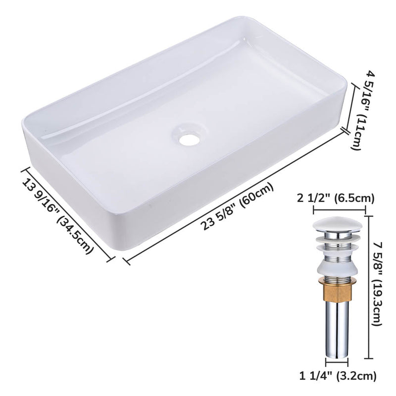 Aquaterior Rectangular Sink Porcelain w/ Drain 23x13"