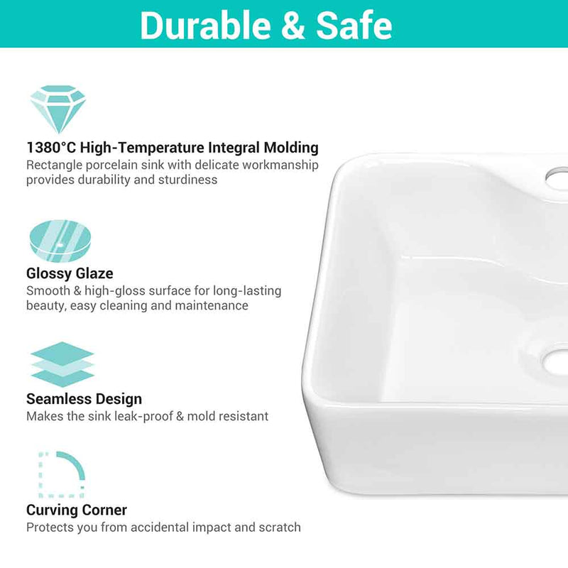 Aquaterior 19x15 Porcelain Bathroom Sink White Lavatory Basin