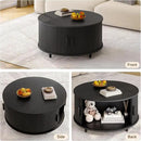 Round Coffee Table with Storage, 31.5" Modern Coffee Table with 360° Curved Sliding Door, Fluted Wood Accent Coffee Table with Adjustable Footpads, Round Center Table for Living Room, Black by CozyNest Decor