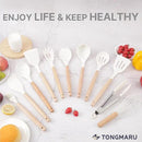 Silicone Cooking Utensils Set, Premium Beech Wood Handle Kitchen Gadgets Utensil Set, Non-Stick Kitchen Utensils Spatula, Tongs, Turner, Whisk, Brush, Spoon, BPA FREE, 446°F Resistant (White) by CozyNest Decor