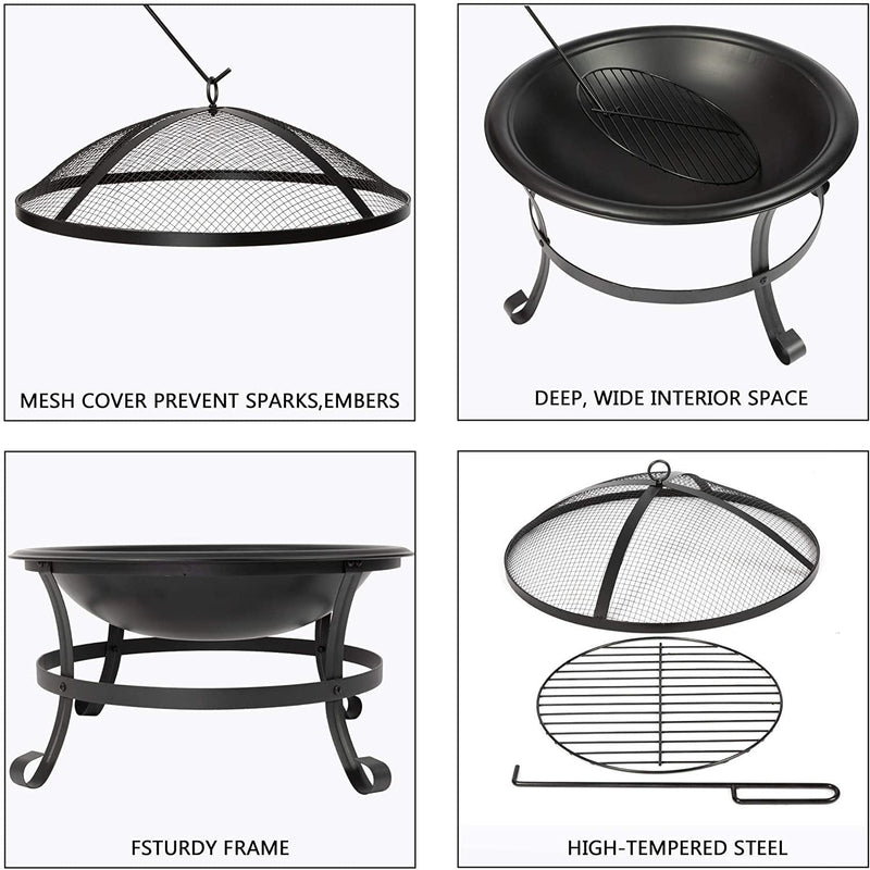 22-Inch Outdoor Wood-Burning BBQ Grill Fire Pit with Round Mesh Spark Screen Cover