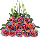 Rainbow Fake Roses Artificial Flowers - 10 Pcs Fake Artificial Roses Silk Flowers with Stems for Home Wedding Hotel Office Centerpiece Decor（Rainbow） by CozyNest Decor