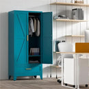 71'' Farmhouse Metal Wardrobe Cabinet with Hanging Rod, 2 Barn Door Wardrobe Closet with Adjustable Shelves,Drawer,for Dining Room,Bedroom,Living Room, Cloak Room,Office (Peacock Blue) by CozyNest Decor