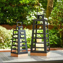 Glitzhome Set of 2 Modern Trapezoid Metal/Wood Decorative Lanterns,Large Candle Lanterns for Living Room,Home,Indoor, Outdoor,Table,Fireplace Mantle Decor -Black(No Glass) by CozyNest Decor