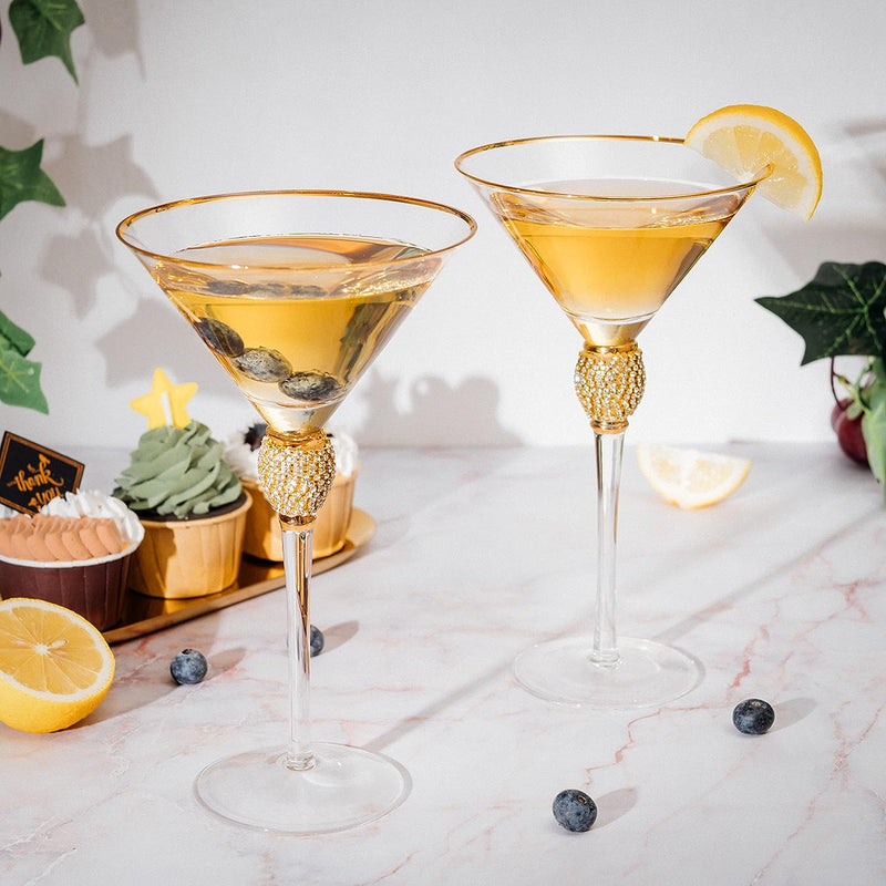 Diamond Collection 2 Piece Stemmed Martini Set - Rhinestone For Drinking Martinis, Manhattans, Vodka, Gin, Cocktails Gold Accent Cocktail Glasses, Perfect For Any Bar or Party 10oz - Swarovski Style