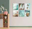 Set of 6 Tropical Beach Canvas Wall Art Surf Poster Summer Ocean Coastal Pictures Turtle Print Palm Tree Surfboard Gallery Paintings Nautical Bus Wall Decor for Bedroom Bathroom Framed by CozyNest Decor