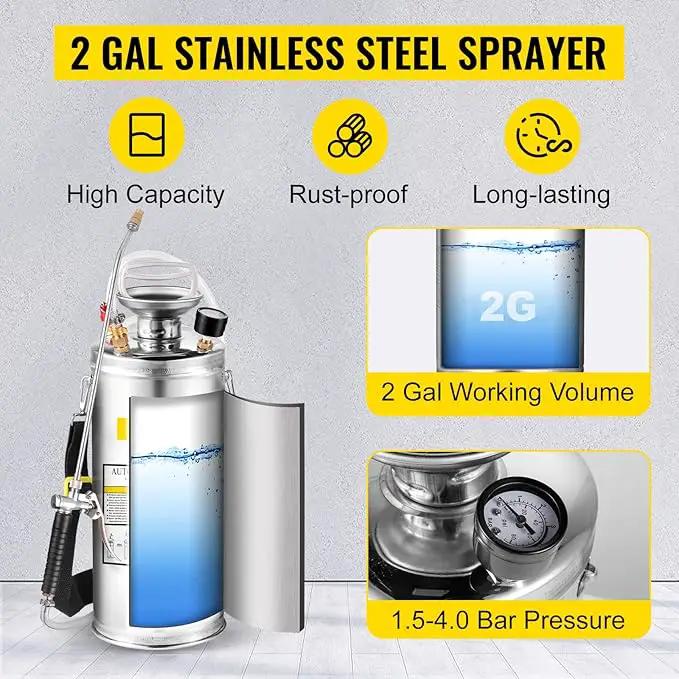 Happybuy 2 Gallon Stainless Steel Sprayer, 20" Wand & 3FT Reinforced Hose, Hand Pump Sprayer with Pressure Gauge, Safety Valve & Adjustable Nozzle, Weed Sprayers for Lawn, Gardening &Sanitizing1, photo 3 of 9