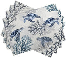 Coastal Beach Placemats Set of 4 Nautical Theme Coral Sea Turtle Navy Blue Place Mat 12x18 Inch Seasonal Summer Ocean Washable Linen Fabric Table Mats for Party Kitchen Dining Decoration by CozyNest Decor