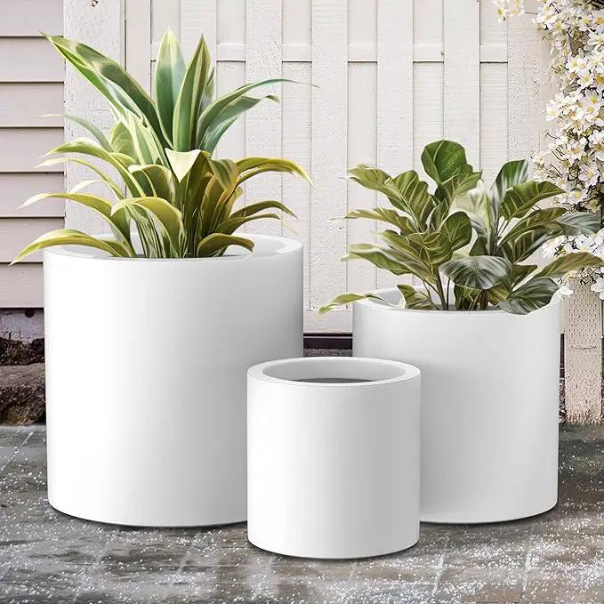 Kante RC0119ABC-C80011 Set of 3 Lightweight Concrete Modern Cylinder Outdoor Planters, 15.8, 12.9 and 9.8 Inch Diameter, Pure White, photo 8 of 8