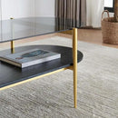 Oval Glass Coffee Table, Mid-Century Modern Design, L41 x W21 x H17 inch, for Living Room, Grey Glass Top, Black Marble Finish Wood Shelf & Gold Finish Frame by CozyNest Decor